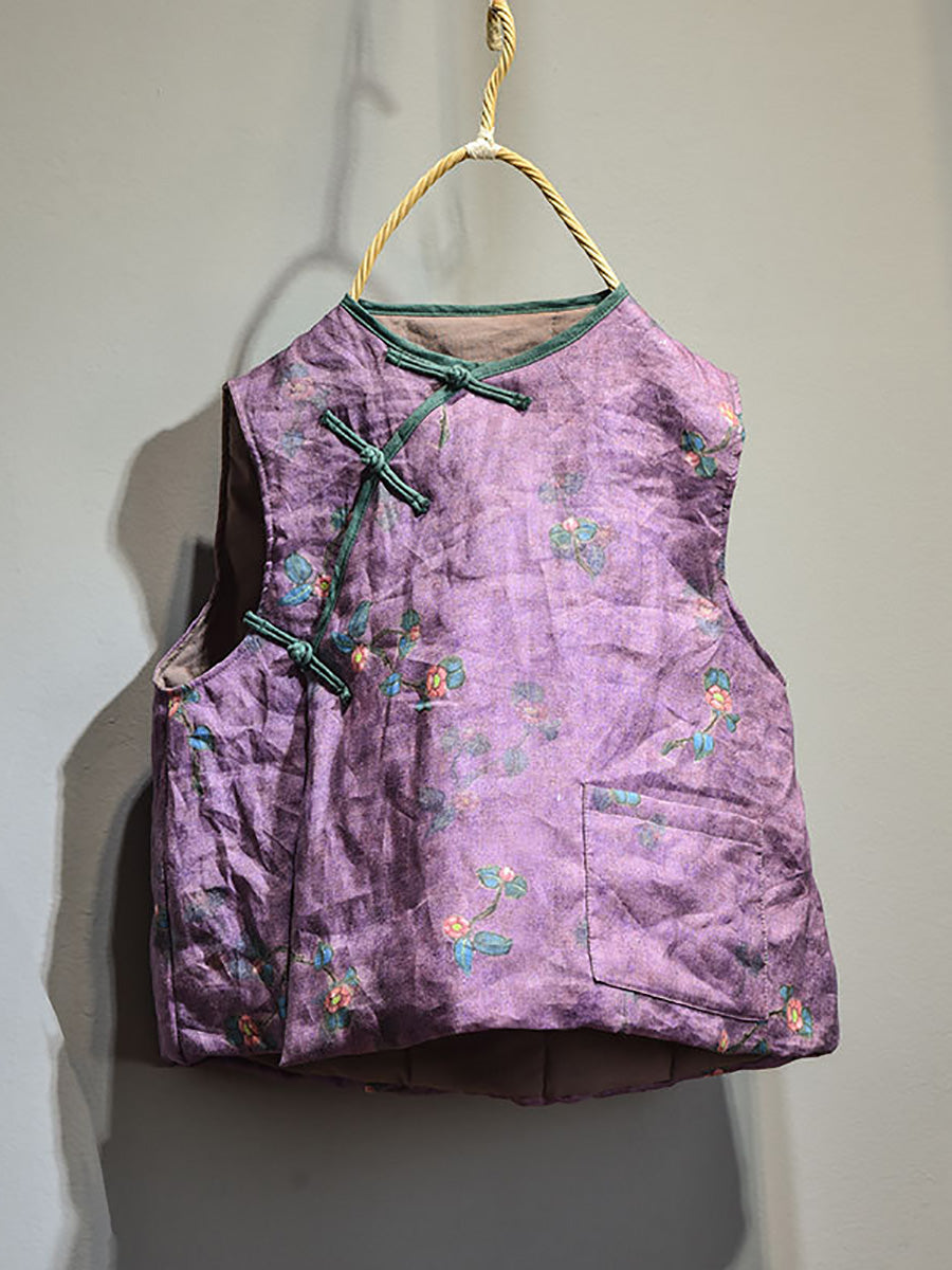 Women Retro Floral Casual Pocket Vest AH1010