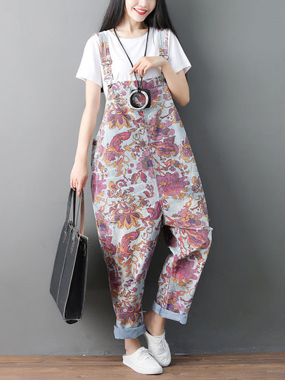 Women Autumn Flower Denim Loose Jumpsuits AH1049