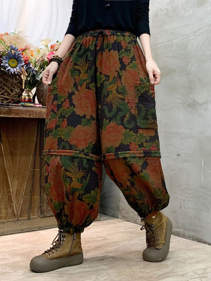 Women Autumn Vintage Flower Spliced Cotton Harem Pants AH1004