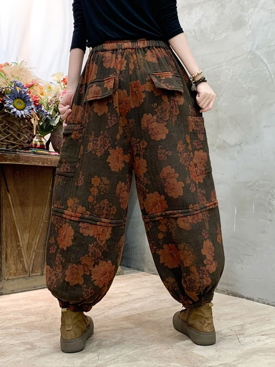 Women Autumn Vintage Flower Spliced Cotton Harem Pants AH1004