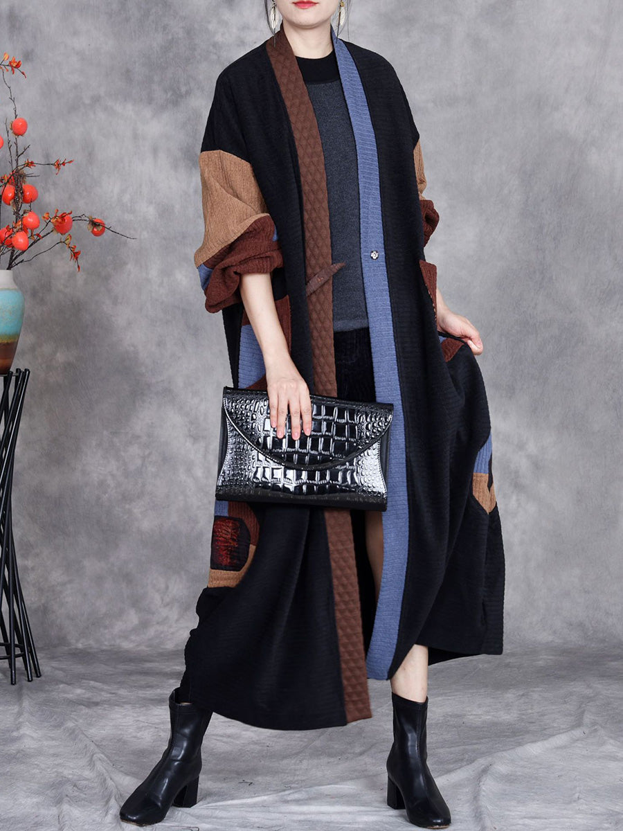 Women Winter Artsy Colorblock Cardigan Long Coat AH1020