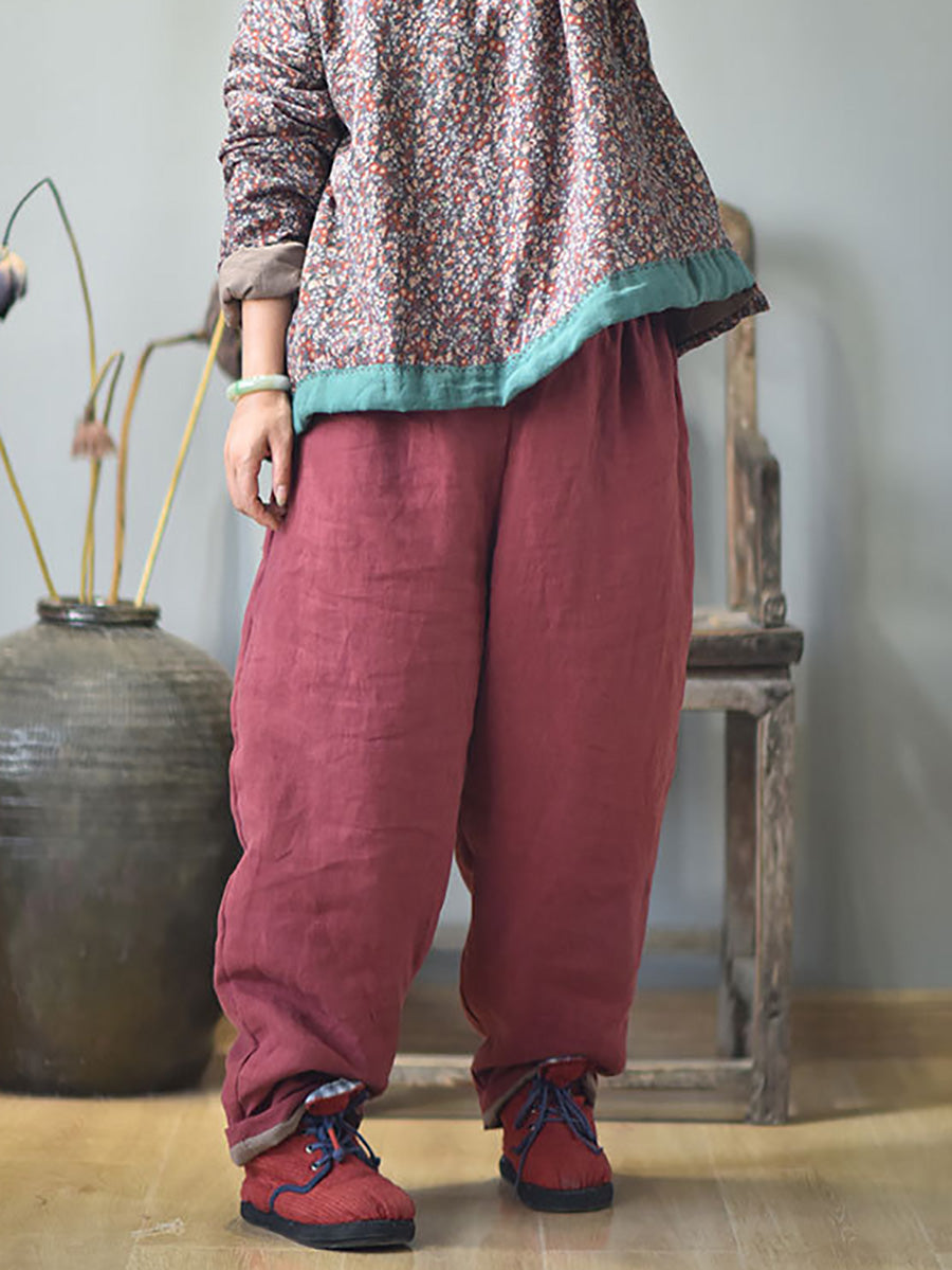 Women Autumn Rero Solid Linen Padded Harem Pants AH1053