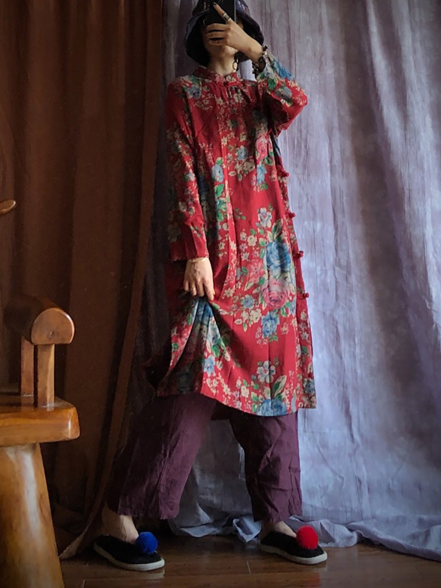 Women Autumn Ethnic Flower Buckle Robe Dress AH1046