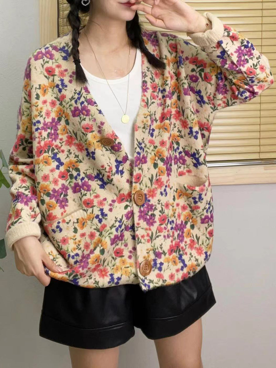 Women Autumn Floral V-Neck Knit Sweater AH1048