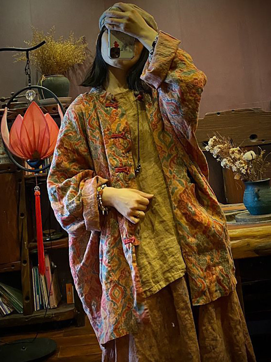 Women Vintage Autumn Print 100%Linen Button-up Coat AH1015