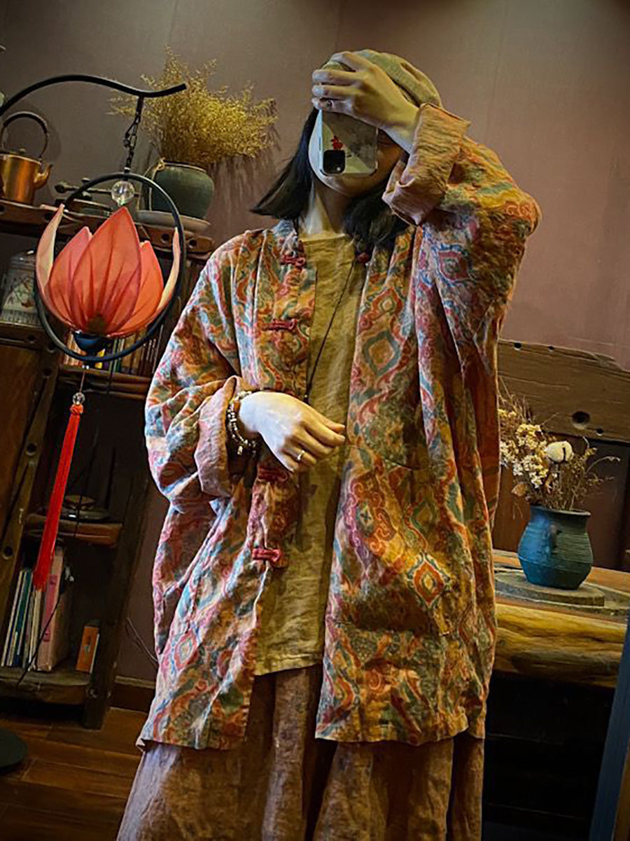 Women Vintage Autumn Print 100%Linen Button-up Coat AH1015