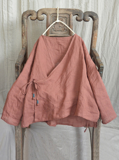 Women Vintage Autumn V-Neck Strap Loose Linen  AK1012