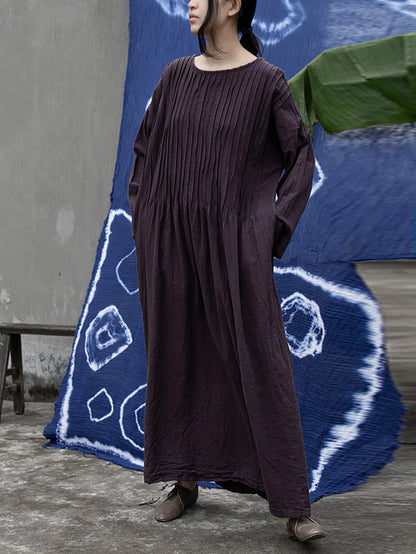 Women Autumn Vintage Shirred Cotton O-Neck Dress AH1006