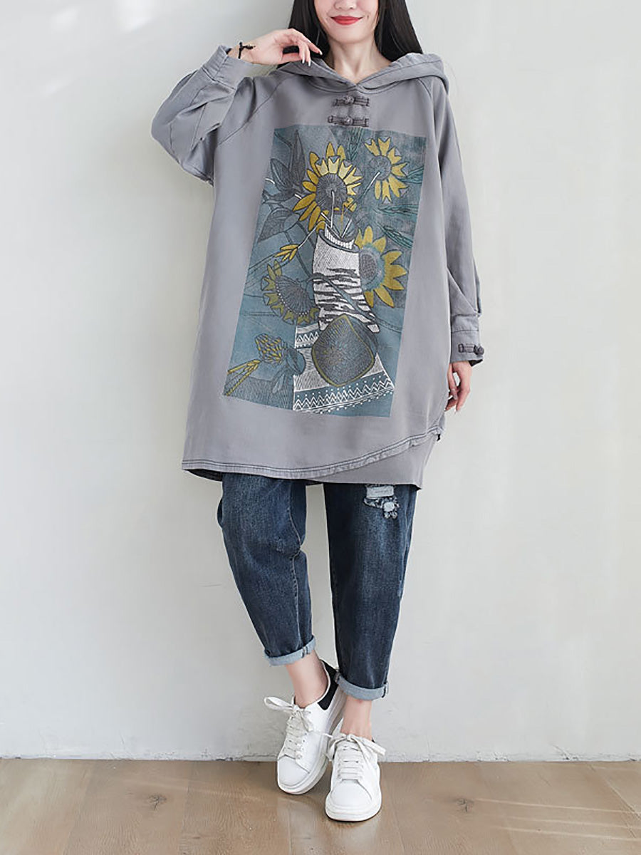 Women Artsy Autumn Sunflower Spliced Hooded Cotton Dress AH1028