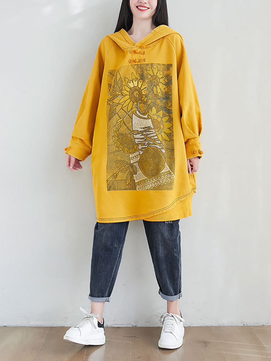 Women Artsy Autumn Sunflower Spliced Hooded Cotton Dress AH1028