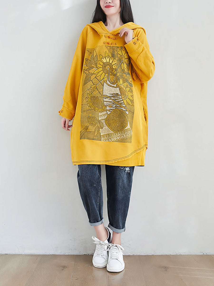 Women Artsy Autumn Sunflower Spliced Hooded Cotton Dress AH1028