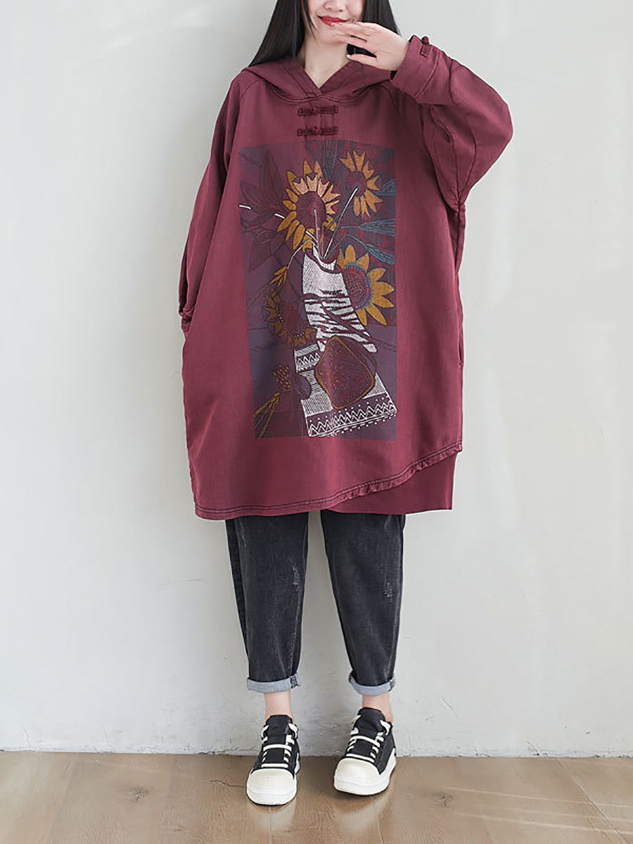 Women Artsy Autumn Sunflower Spliced Hooded Cotton Dress AH1028