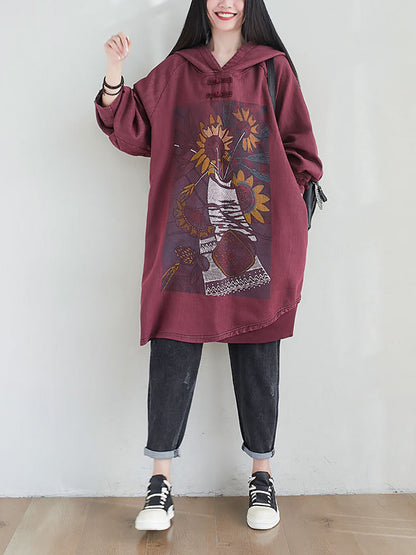 Women Artsy Autumn Sunflower Spliced Hooded Cotton Dress AH1028