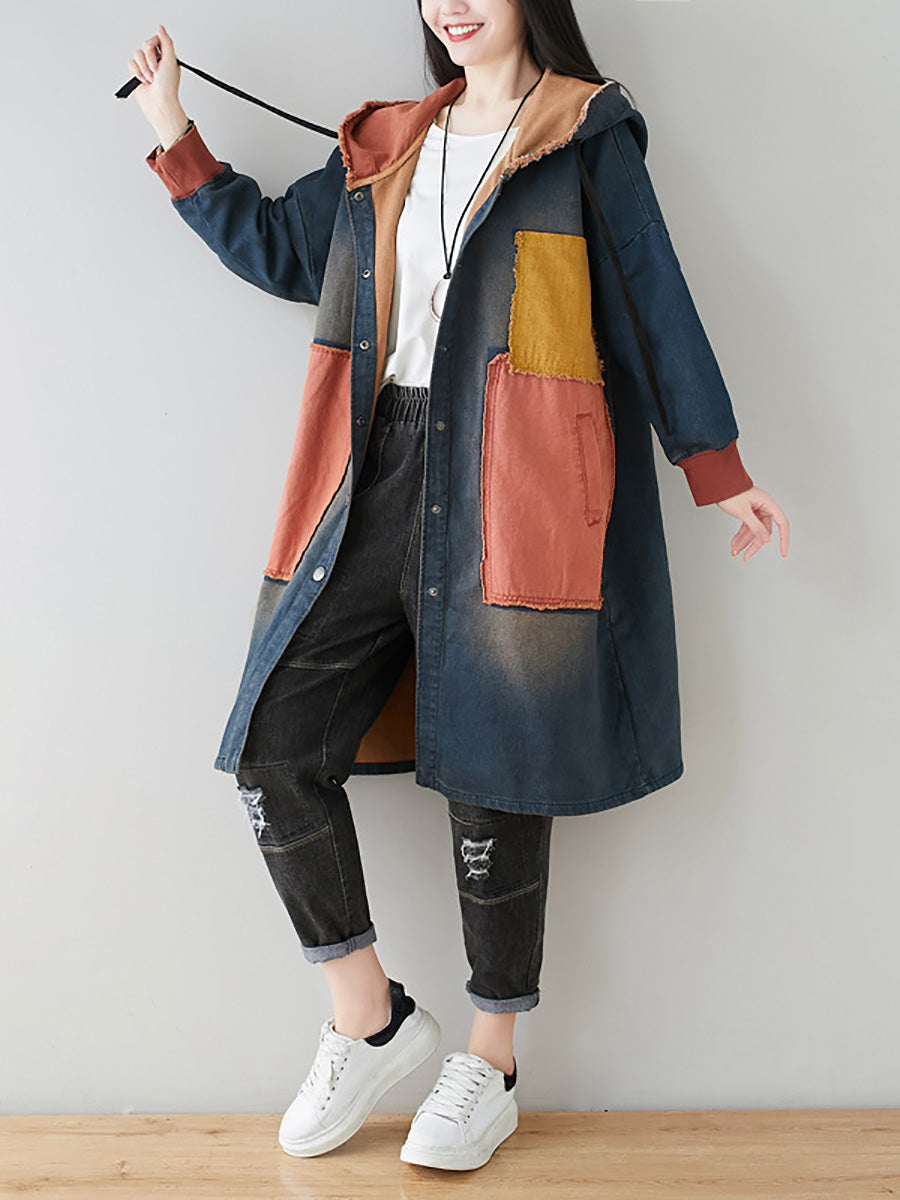 Women Autumn Artsy Colorblock Denim Hooded Coat AH1031