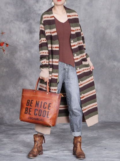 Women Autumn Lazy Stripe Knitted Cardigan Coat AH1051