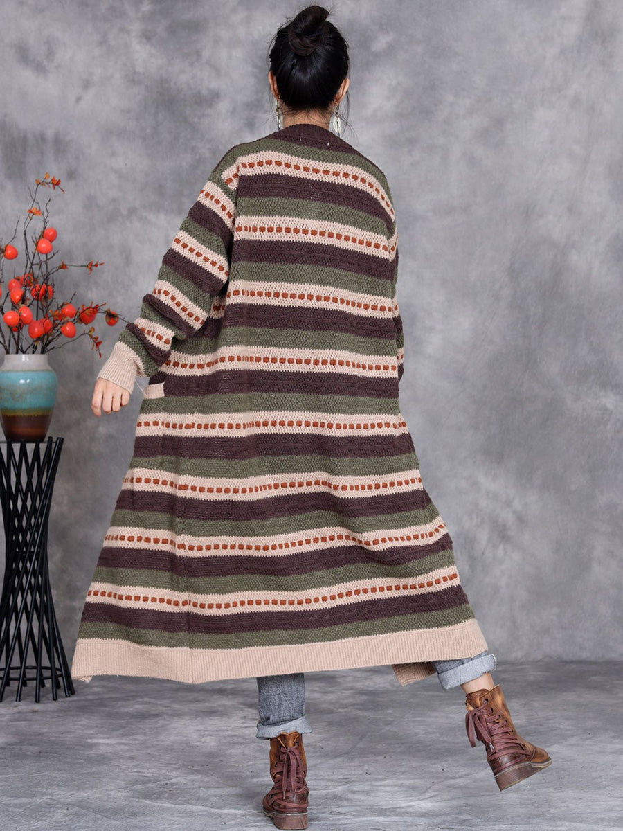 Women Autumn Lazy Stripe Knitted Cardigan Coat AH1051