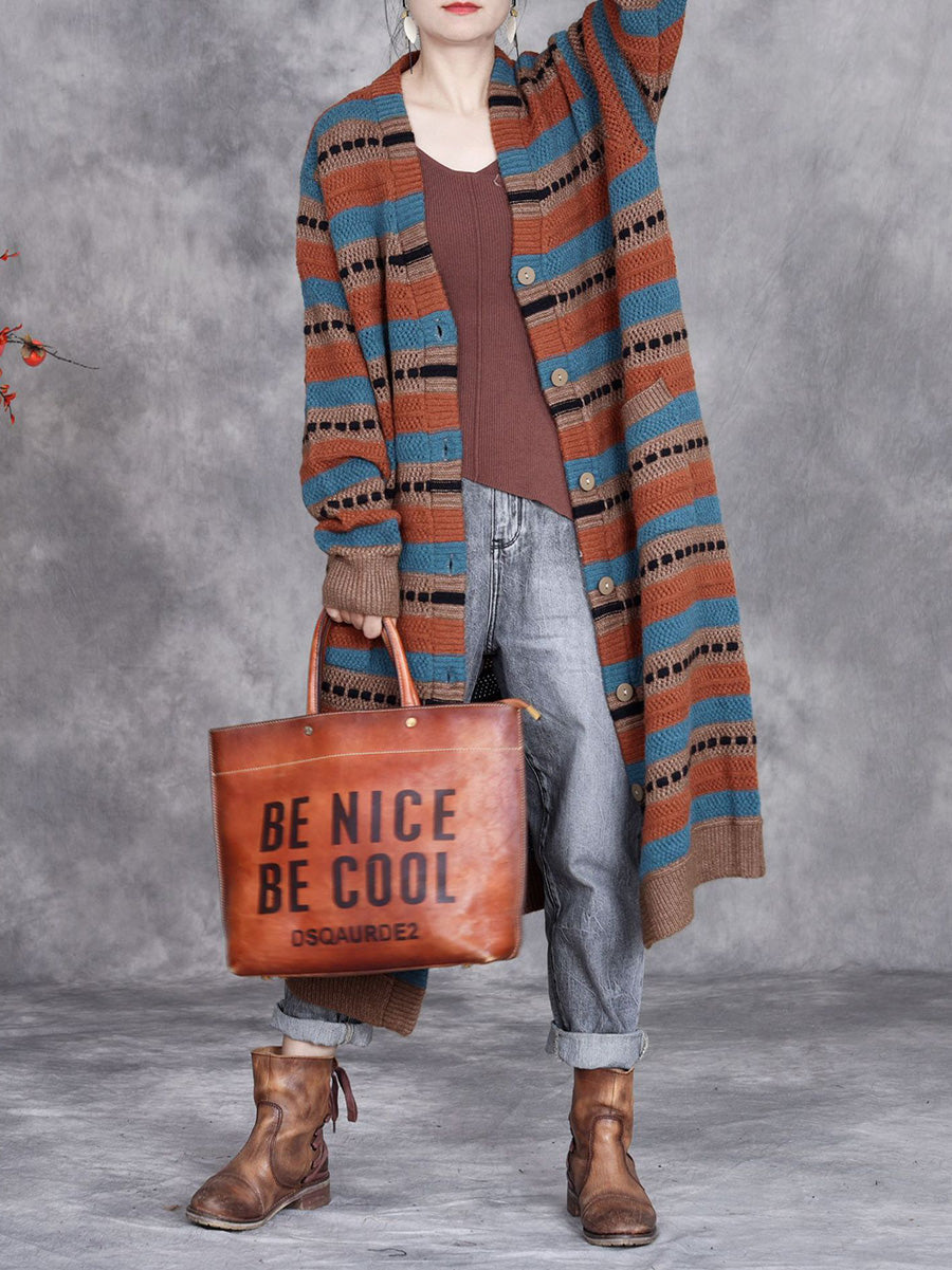 Women Autumn Lazy Stripe Knitted Cardigan Coat AH1051