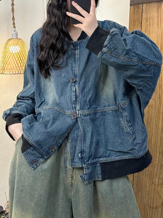 Women Autumn Casual Colorblock Denim Coat AH1039