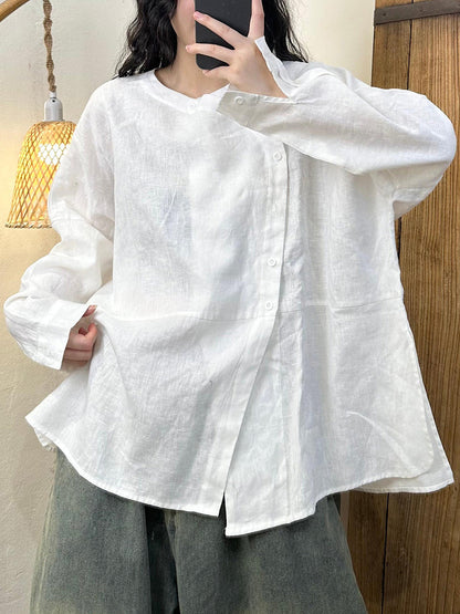 Women Autumn Casual Solid Slant Closure Linen Shirt AH1044