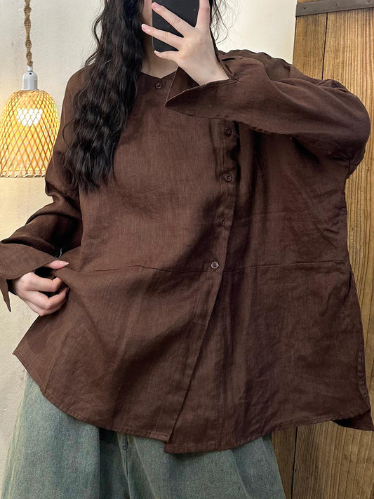 Women Autumn Casual Solid Slant Closure Linen Shirt AH1044