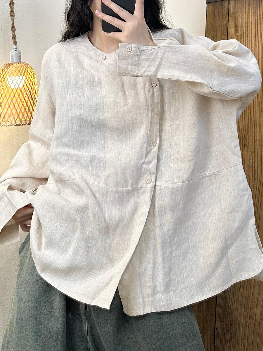 Women Autumn Casual Solid Slant Closure Linen Shirt AH1044