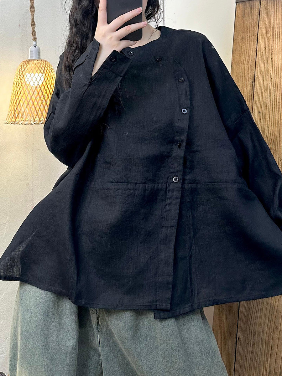 Women Autumn Casual Solid Slant Closure Linen Shirt AH1044