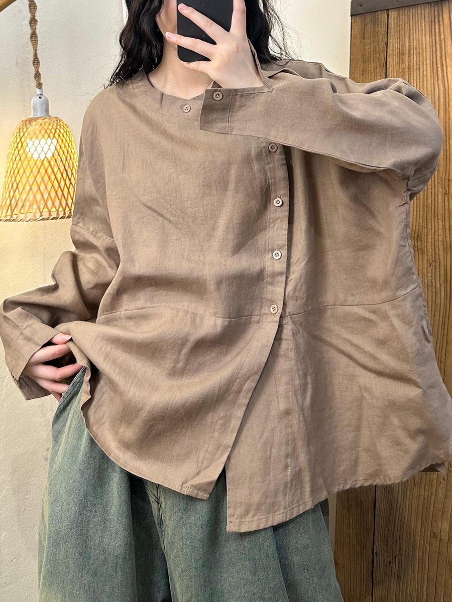 Women Autumn Casual Solid Slant Closure Linen Shirt AH1044