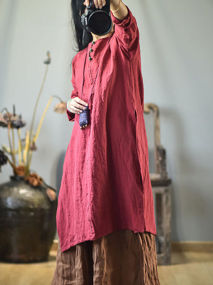 Women Vintage Autumn Solid O-Neck Buckle Linen Dress AH1017