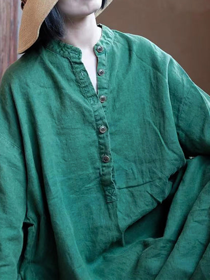 Women Autumn Vintage Green O-Neck Linen Robe Dress AH1005