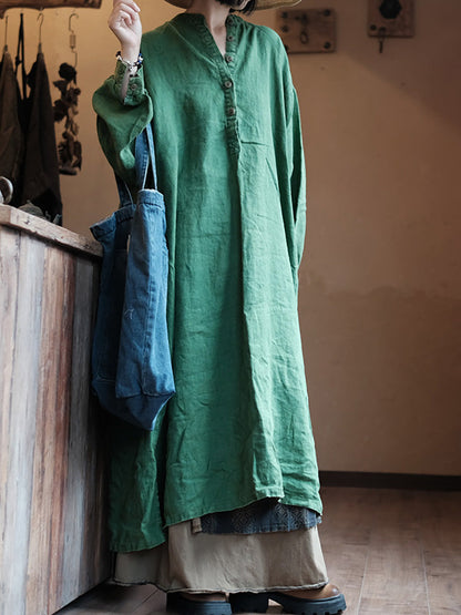 Women Autumn Vintage Green O-Neck Linen Robe Dress AH1005