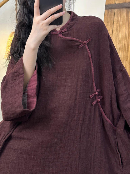 Women Vintage Autumn Solid Linen Cotton Robe Dress AH1016