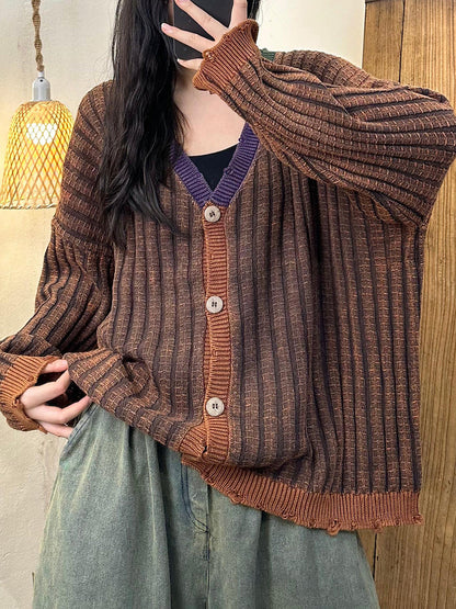 Women Artsy Autumn Colorblock Knit Cardigan Sweater Coat AH1026