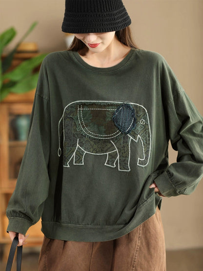 Women Autumn Casual Patch Elephant O-Neck Cotton Sweatshirt AK1017