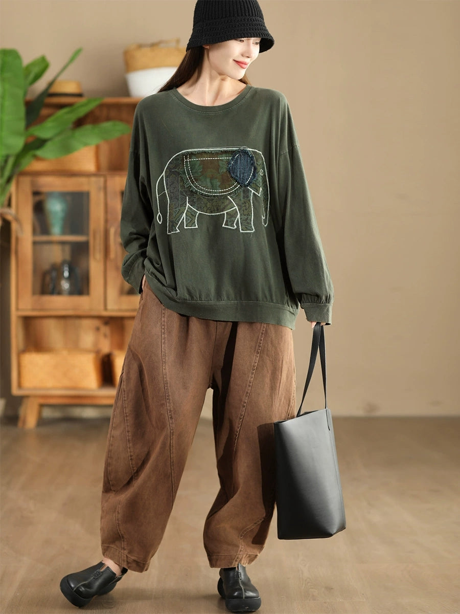 Women Autumn Casual Patch Elephant O-Neck Cotton Sweatshirt AK1017