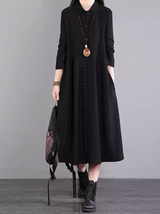 Plus Size Women Autumn Commute Solid Button Loose Dress AK1015