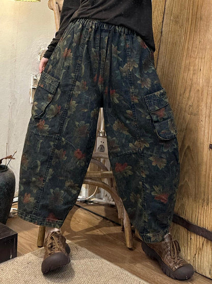 Women Autumn Retro Flower Denim Spliced Harem Pants AK1019