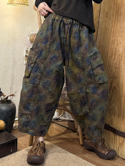 Women Autumn Retro Flower Denim Spliced Harem Pants AK1019