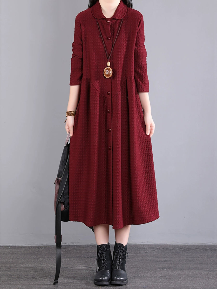 Plus Size Women Autumn Commute Solid Button Loose Dress AK1015