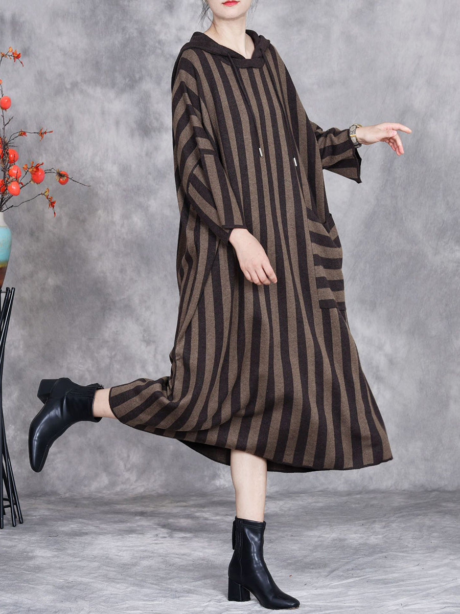 Women Autumn Artsy Stripe Colorblock Hooded Knit Dress AK1027