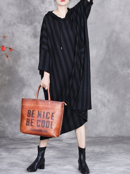 Women Autumn Artsy Stripe Colorblock Hooded Knit Dress AK1027