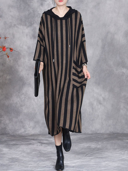 Women Autumn Artsy Stripe Colorblock Hooded Knit Dress AK1027