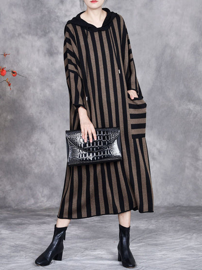 Women Autumn Artsy Stripe Colorblock Hooded Knit Dress AK1027