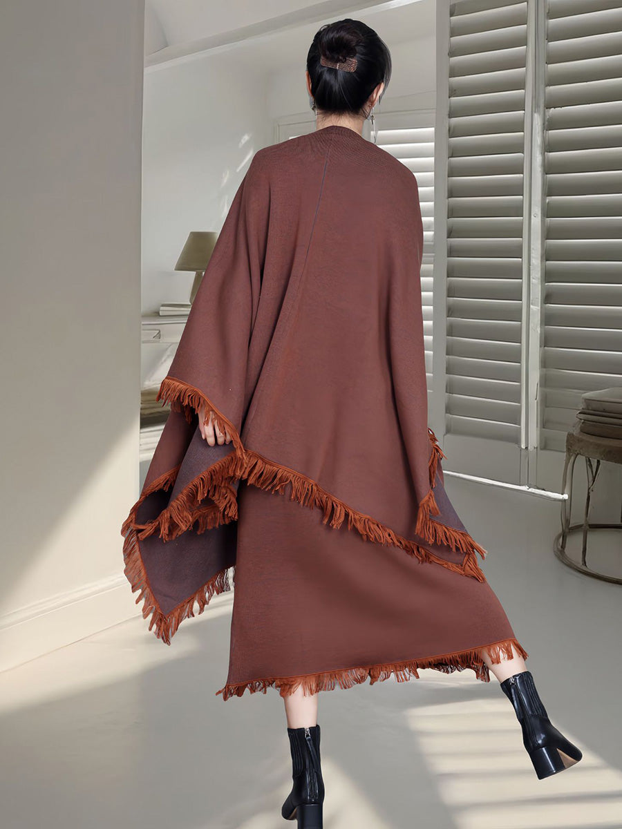 Women Fashion Colorblock Tassel Wool Knit Cardigan Shawl AH1074