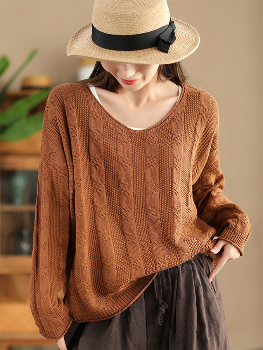 Women Artsy Autumn Cotton V-Neck Knit Sweater AK1026