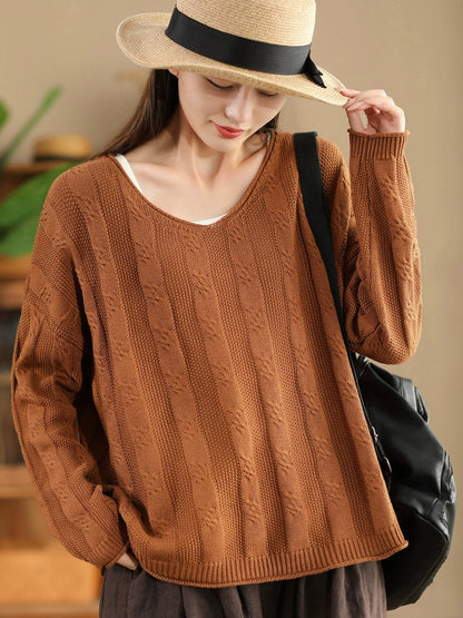 Women Artsy Autumn Cotton V-Neck Knit Sweater AK1026