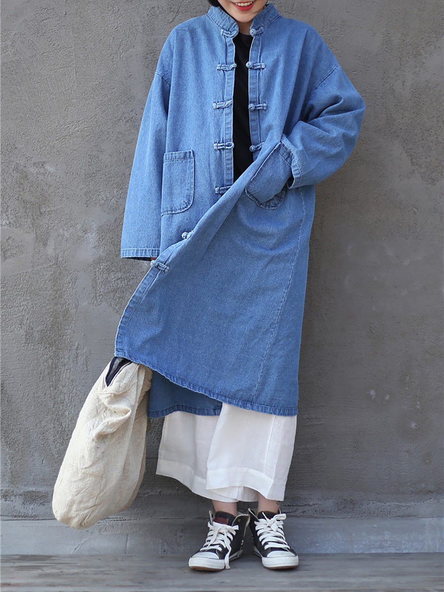 Women Autumn Casual Solid Pocket Denim Robe Coat AK1032