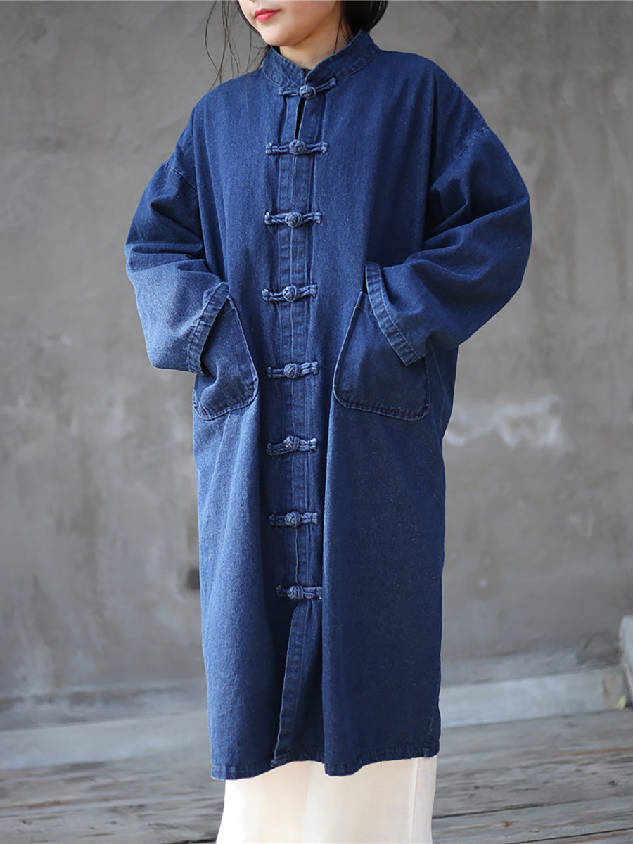 Women Autumn Casual Solid Pocket Denim Robe Coat AK1032