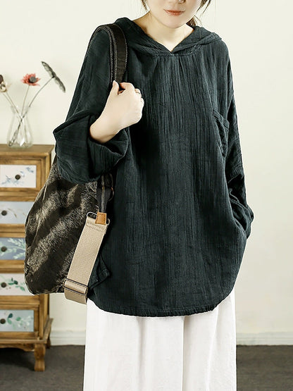 Women Autumn Artsy Pure Color Hooded Linen Shirt AK1039