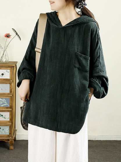 Women Autumn Artsy Pure Color Hooded Linen Shirt AK1039