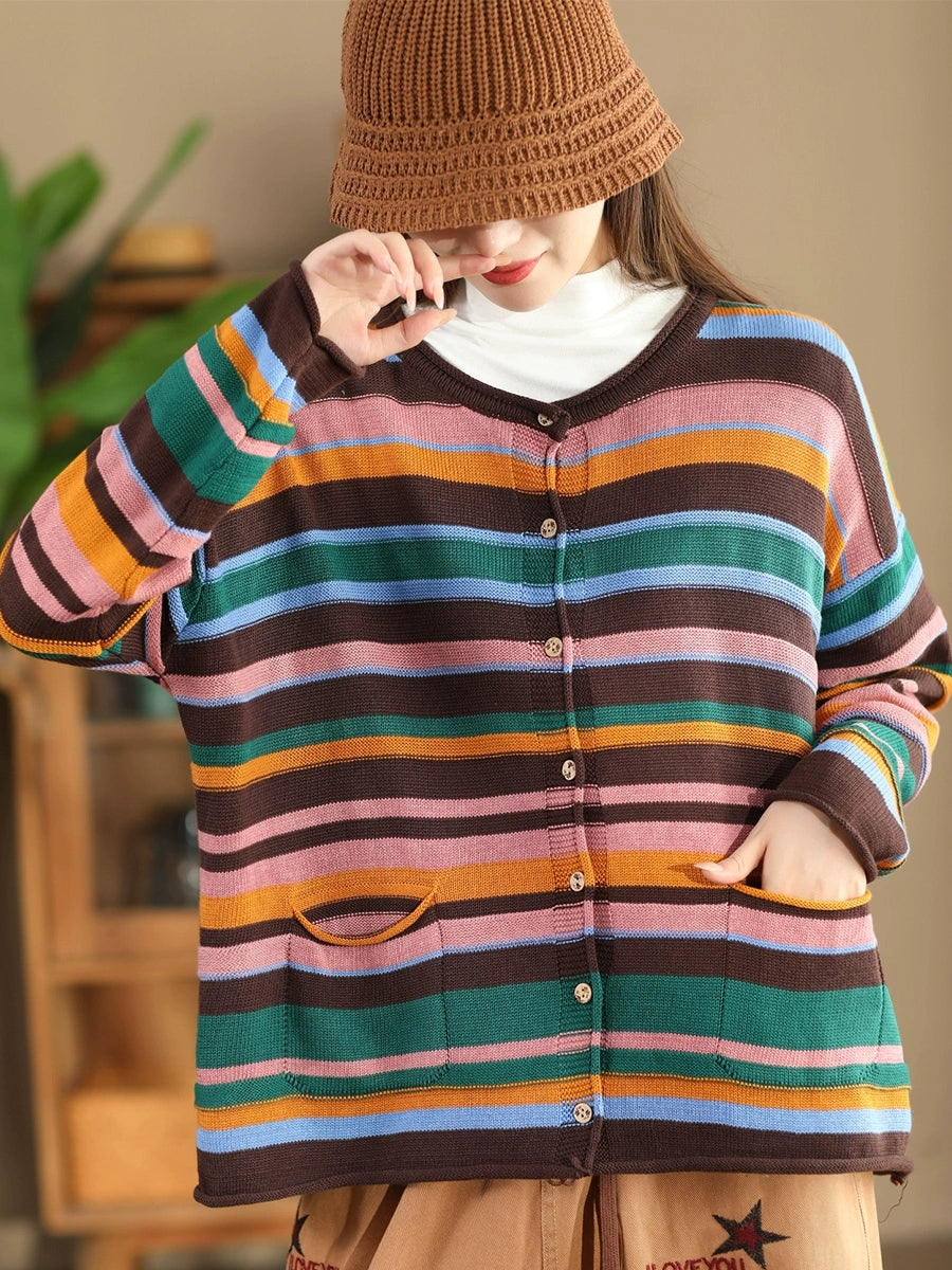 Women Casual Autumn Colorblock Stripe O-Neck Cotton Sweater AH1069